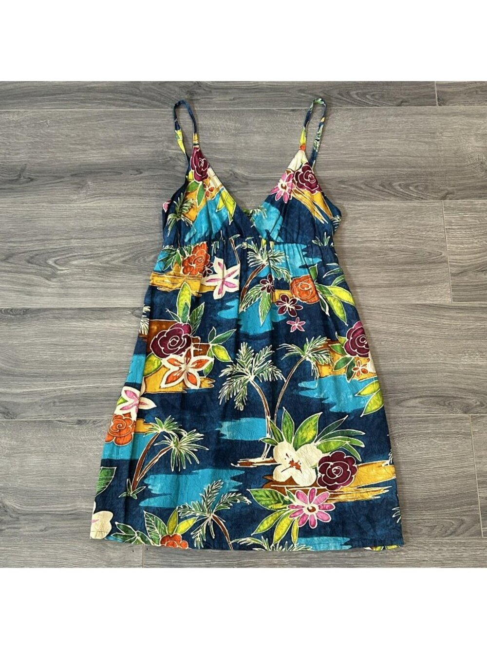 Jams World Dress Women M Blue Hawaii Floral Rayon Sundress Tropical USA Babydoll